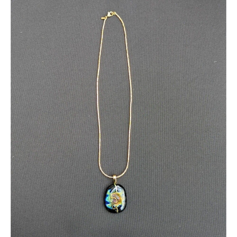 Vintage Monet Blue Glitter Dichroic Glass Pendant & Gold Chain Necklace‎